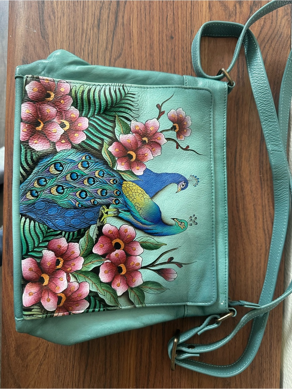 Anuschka Hand-Painted Teal Peacock Crossbody Bag